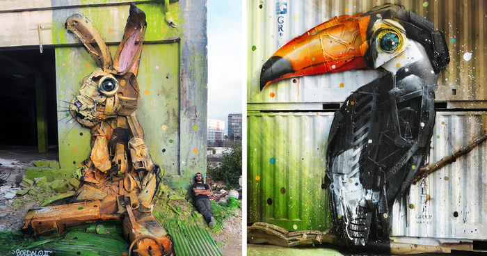 Αποτέλεσμα εικόνας για old artist turns trash into animals to remind us about pollution