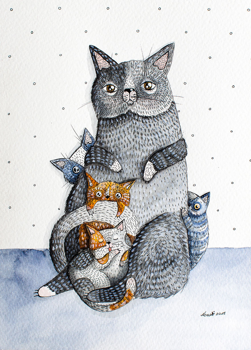 My Watercolor And Ink Paintings Of Quirky Cats | Bored Panda