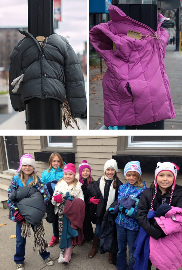 Acești copii din Canada au legat niște geci de stâlpi pentru oamenii străzii
