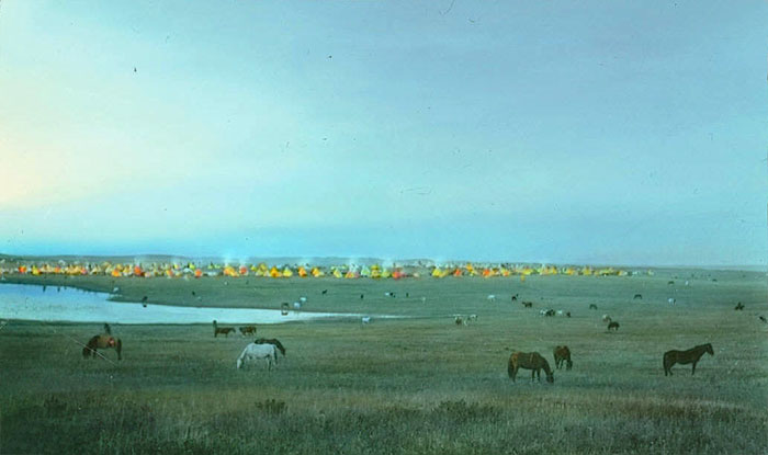 Blackfeet Tribal Camp With Grazing Horses. Montana. Early 1900s. Glass Lantern Slide By Walter Mcclintock