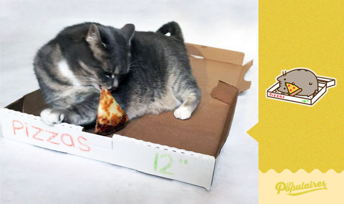 Pusheen eats pizza in the cutest manner possible. 