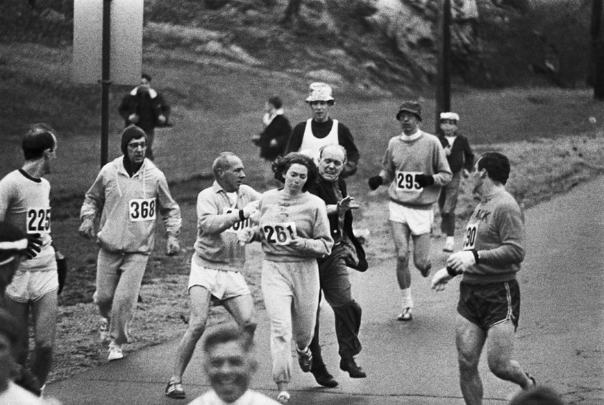 Race Organizers Attempt To Stop Kathrine Switzer From Competing In The Boston Marathon. She Became The First Woman To Finish The Race, 1967