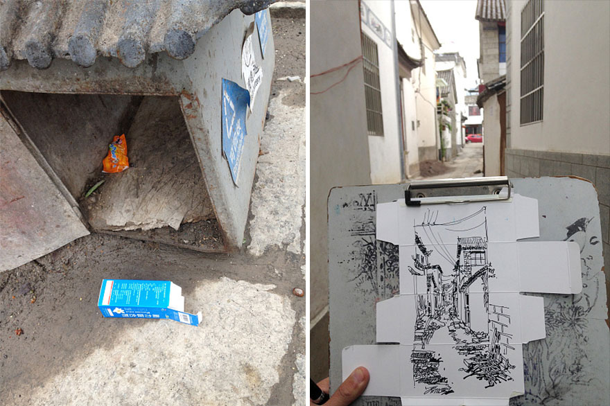 Draw On waste paper on the streets by Wenyi wanders