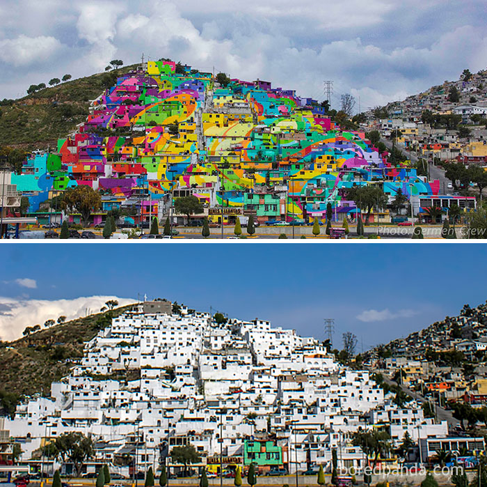 La ciudad entera consigue repintada en la pintada vibrante, Palmitas, México