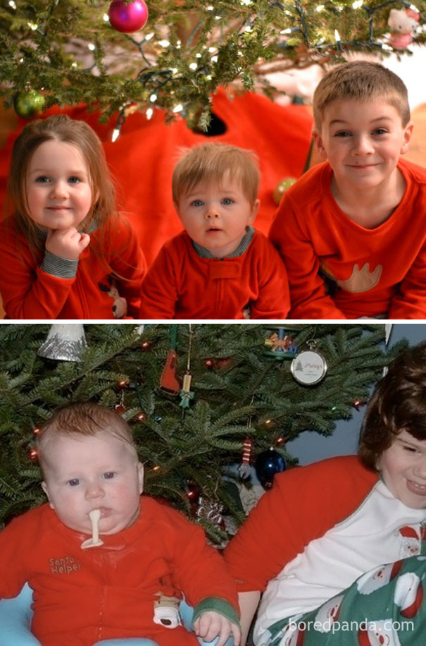 Siblings next to the christmas tree. Nailed it