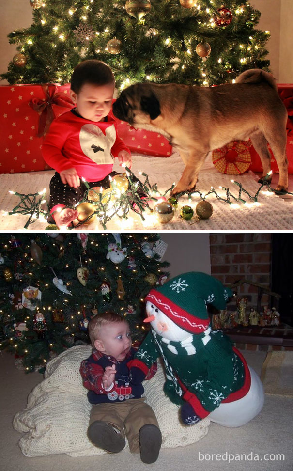Baby and a friend next to the christmas tree. Nailed it
