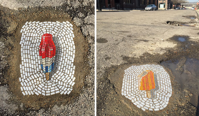Chicago Doesn’t Fix Its Potholes, So This Artist Fixes Them With Ice Cream Mosaics