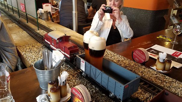Our Beer At A Restaurant In Prague Was Delivered By A Miniature Train