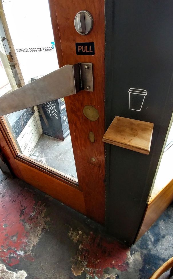 This Door Has A Shelf To Set Your Coffee On While You Open It