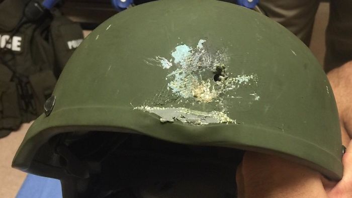 Orlando Police Shared This Photo On Twitter Showing Where A Bullet Struck An Officer's Helmet. The Officer's Life Was Saved Because Of The Helmet