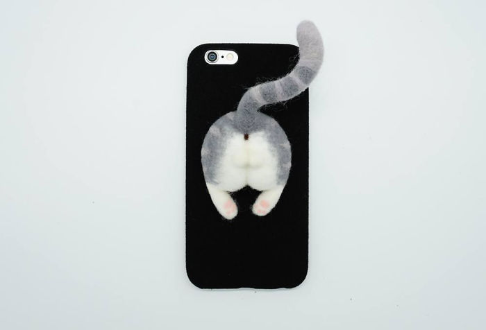 Needle Felted Cat Butt Phone Case, Gray Tabby Cat