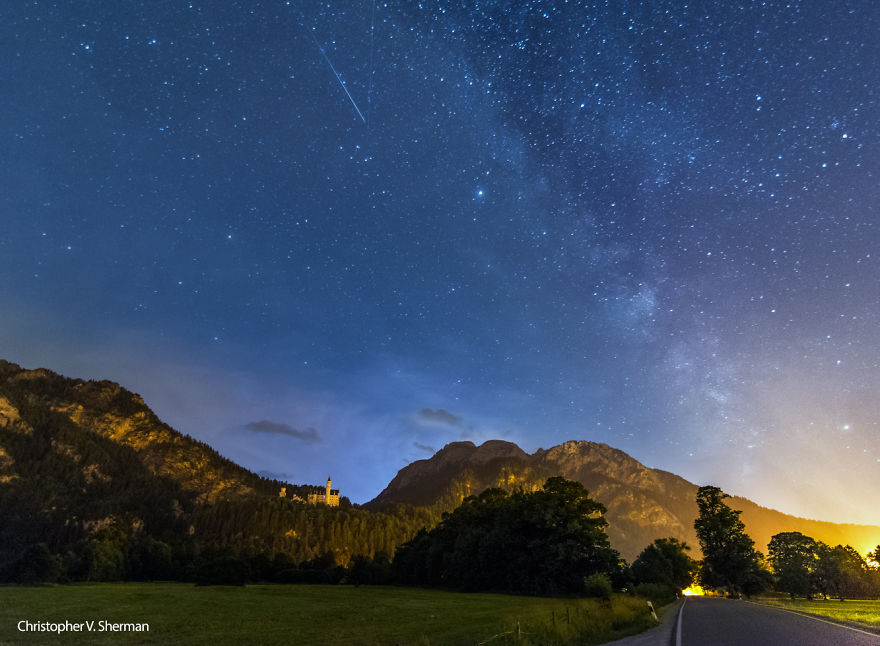 Milk Way, Lightning And Meteor Over Neuschwanstein Castle Early This Morning