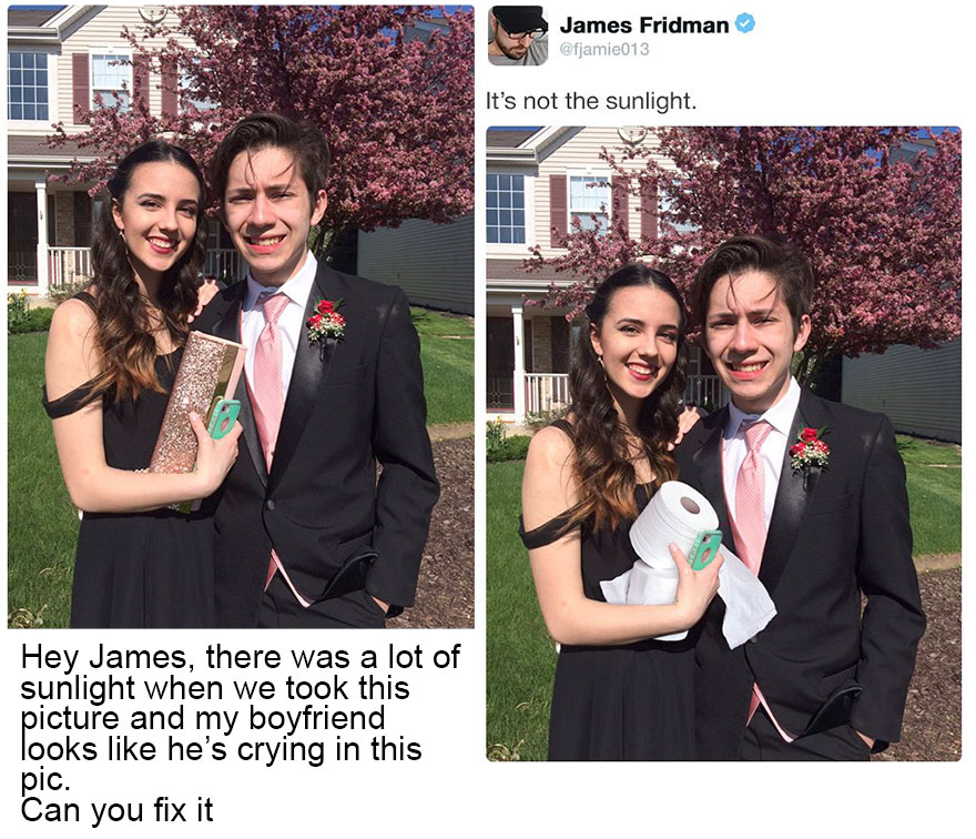 "Hola James, había mucho sol cuando sacamos la foto y mi novio parece como si estuviera llorando. ¿Podrás arreglarlo?"
