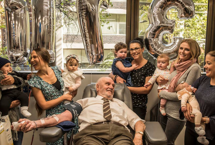 James Harrison Who Has Saved 2.4 Million Babies By Donating Blood Every Week For 60 Years Making His Last Donation. He Had Rare Antibody In His Blood That Helps Protect Babies From Rhesus Disease