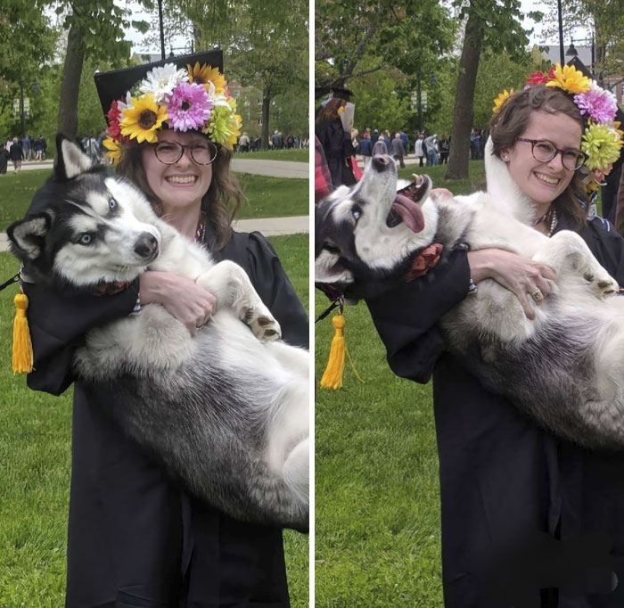 My Boyfriend Managed To Sneak Our Floofer Through A 30 Minute Trail Behind The Stadium So She Could Be At My Graduation