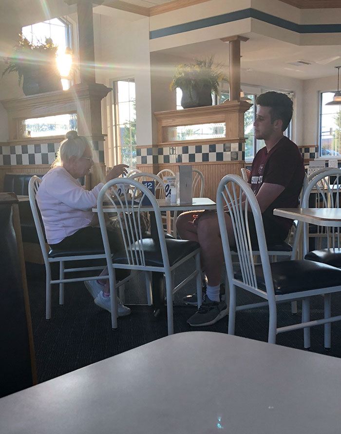 Young Man Comes In Alone, Sees The Older Lady Eating By Herself, Asks To Join Her. Instant Friends. This Is What Is Right In The World