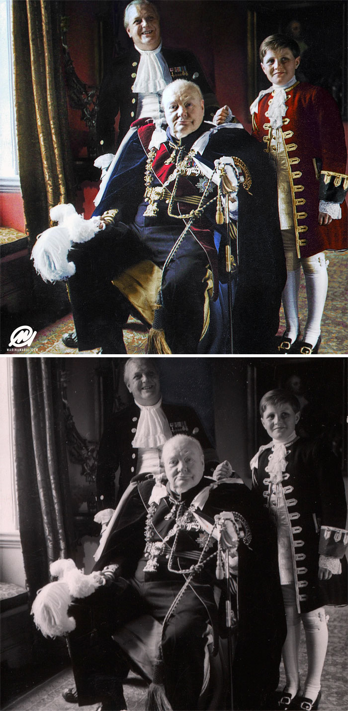Sir Winston Churchill In His Knight Of The Garter Robes, His Son Randolph, And Grandson, Winston. Queen Elizabeth II’s Coronation Day, 1953