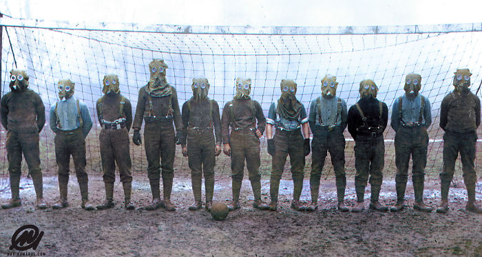Soccer Team Of British WWI Soldiers Wearing Gas Masks, France, 1916