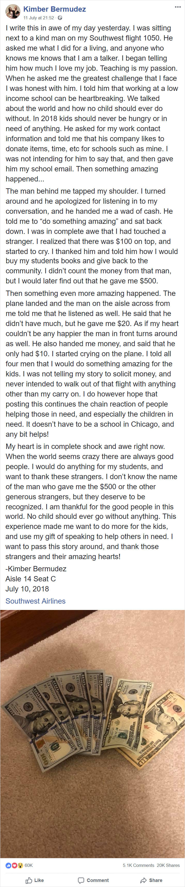 This Teacher On A Plane Talked About Her Low-Income Students. Passengers Overheard And Gave Her More Than $500 In Cash