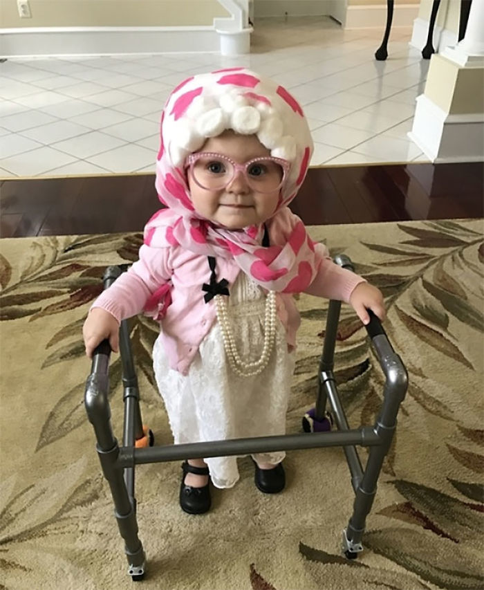 Our Daughter, Claire, Dressed Up As Grandma Completed With A “Granny” Style Clothes, Homemade Wig, Pearls And A Walker Built By Daddy. Claire Walks Well Without Assistance, But Stroles Along With Her Walker