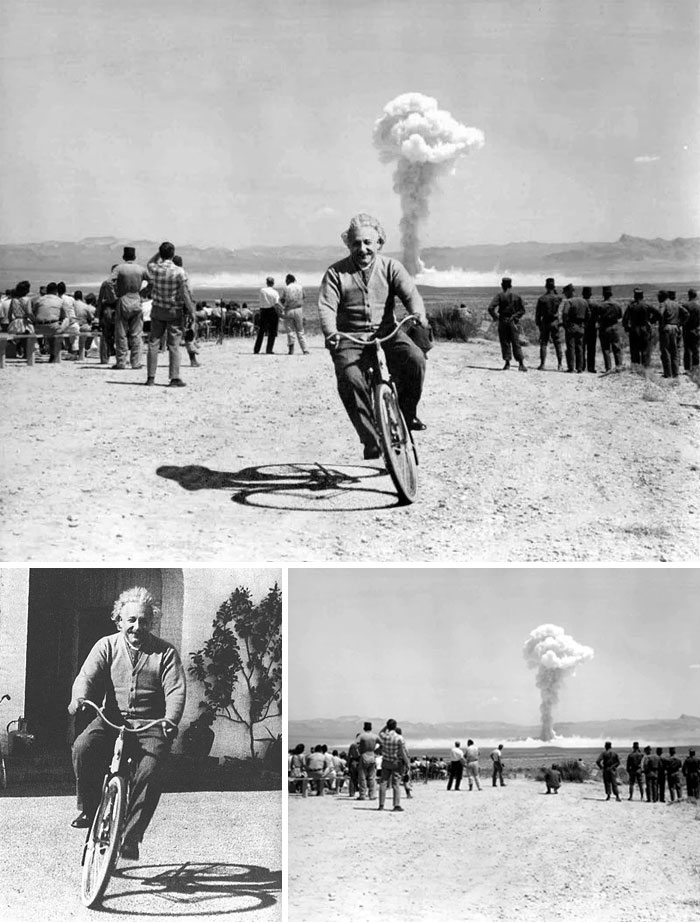 Einstein Riding A Bicycle As A-Bomb Explodes 