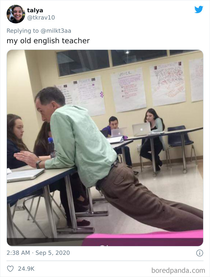 Students Are Sharing Pics Of Teachers Leaning Over And Sitting In The Weirdest Positions In Class (26 Tweets)