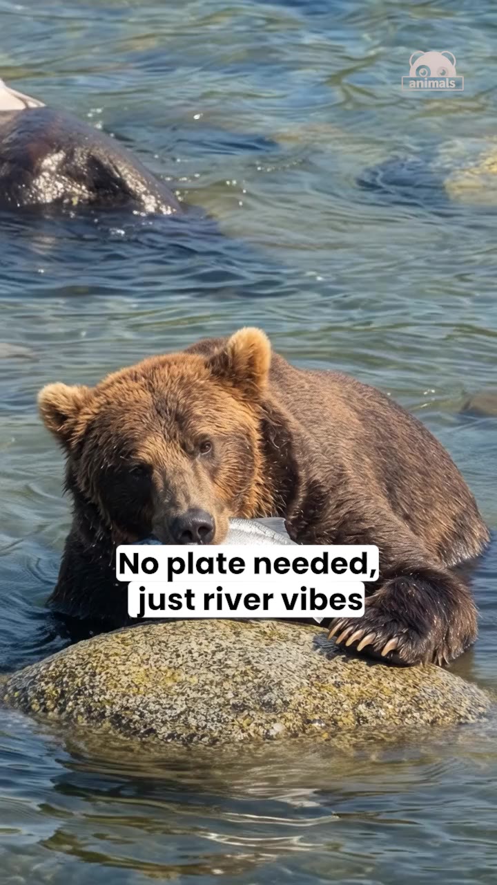 This bear's river cafe has one item on the menu!