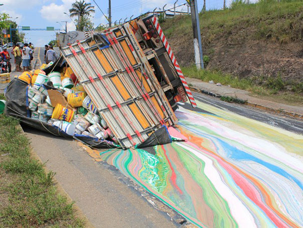 Truck with 14 Tons of Paint Rolls Over Painting the Road in Vibrant