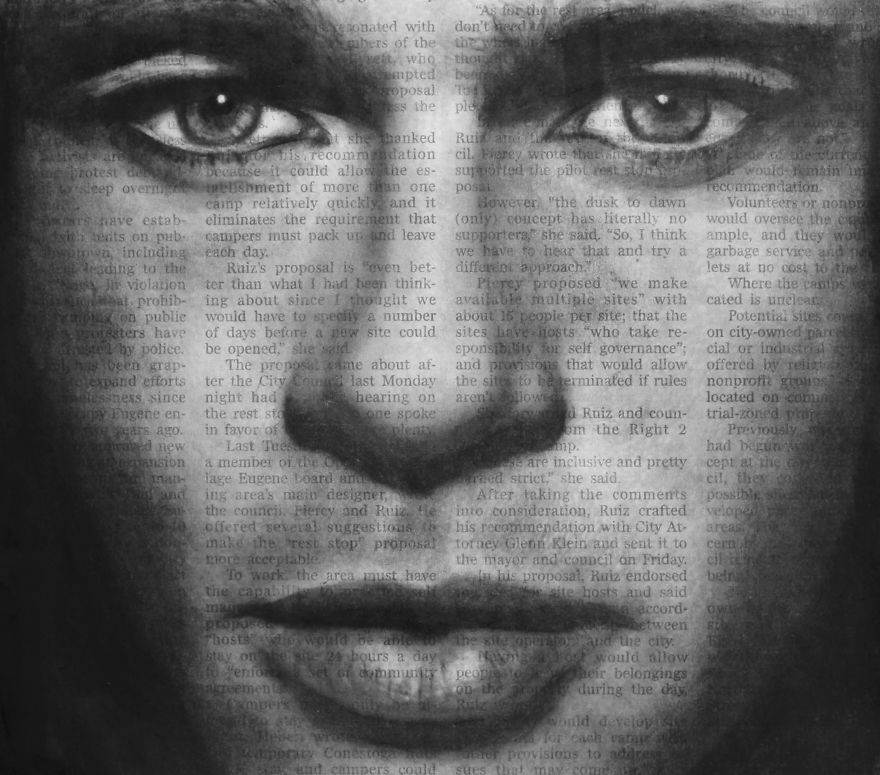 Art In The News: Realistic Portraits Drawn With Charcoal On Newspaper Art In The News: Realistic Portraits Drawn With Charcoal On Newspaper