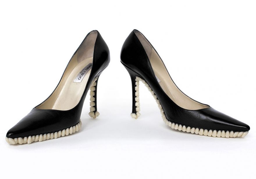 Bizarre Shoe Sculptures With Hundreds Of Artificial Teeth On Their Soles