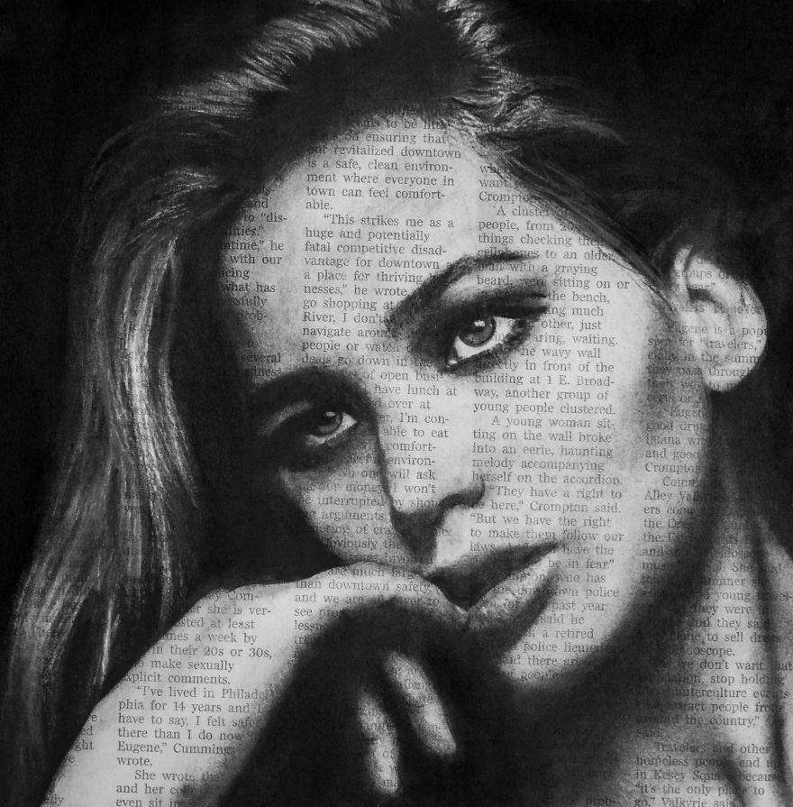 Art In The News: Realistic Portraits Drawn With Charcoal On Newspaper Art In The News: Realistic Portraits Drawn With Charcoal On Newspaper