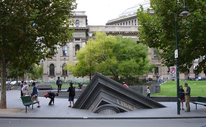 Sinking Building Outside State Library, Melbourne, Vic, Australia.