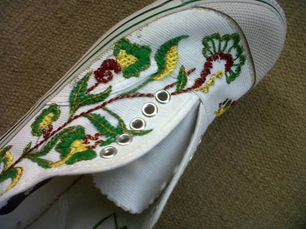 Hand Embroidery On Canvas Shoe. Hand Embroidery On Canvas Shoe.