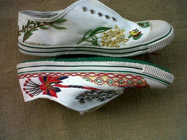 Hand Embroidery On Canvas Shoe. Hand Embroidery On Canvas Shoe.