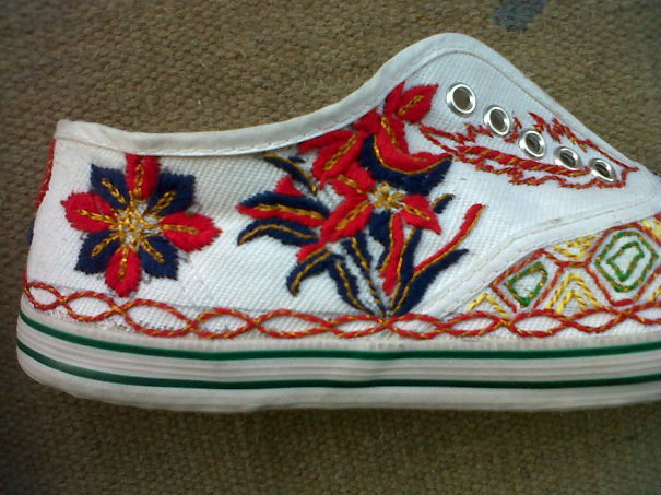 Hand Embroidery On Canvas Shoe. Hand Embroidery On Canvas Shoe.