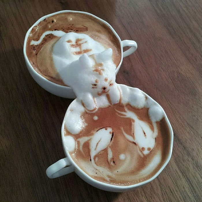 Coffee Foam Kitty Is Fishing
