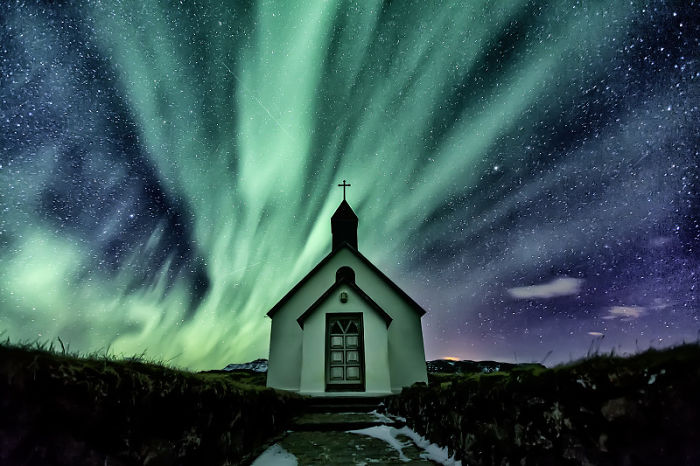 Snæfellsnes Church Illuminated With Aurora, Iceland