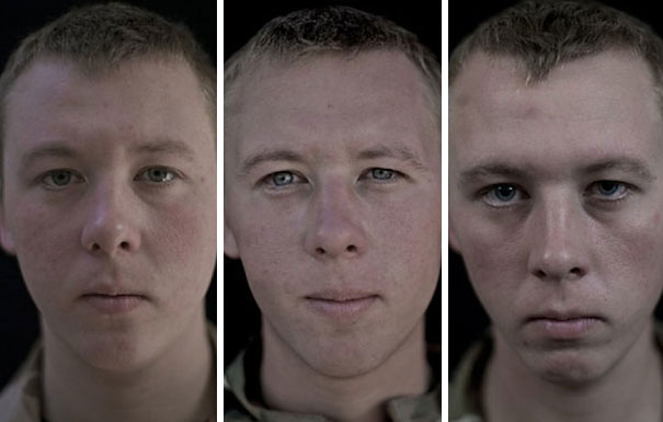 Portraits of a soldier before, during, and after war, showing changes in expression and demeanor. Portraits of a soldier before, during, and after war, showing changes in expression and demeanor.