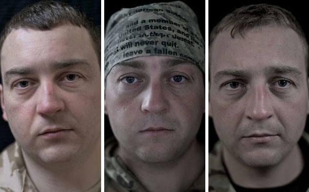 Soldier before, during, and after war; three portraits showing emotional and physical changes. Soldier before, during, and after war; three portraits showing emotional and physical changes.