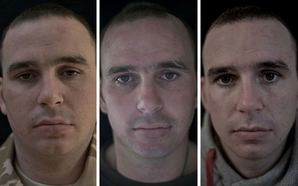 Soldier portraits showing transformation before, during, and after war experience. Soldier portraits showing transformation before, during, and after war experience.