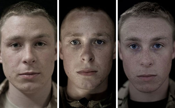 Portraits of a soldier showing changes before, during, and after war service. Portraits of a soldier showing changes before, during, and after war service.