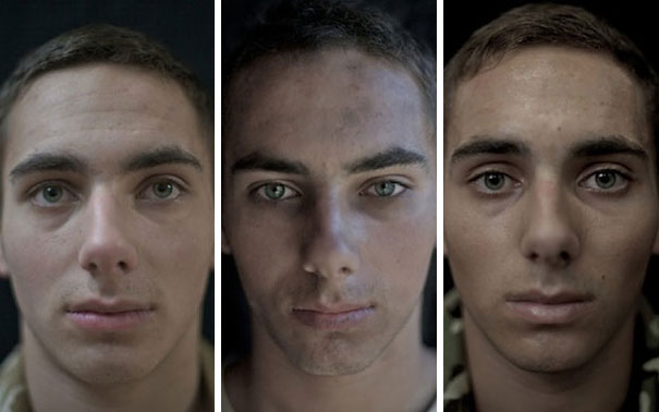 A soldier's face shown in three stages: before, during, and after war. A soldier's face shown in three stages: before, during, and after war.