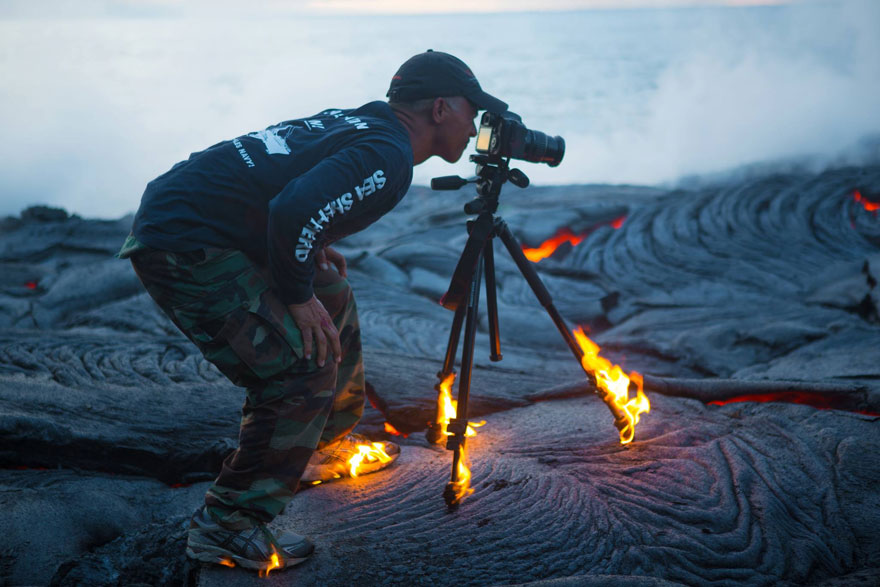 Photographer Catches Fire While Shooting Lava
