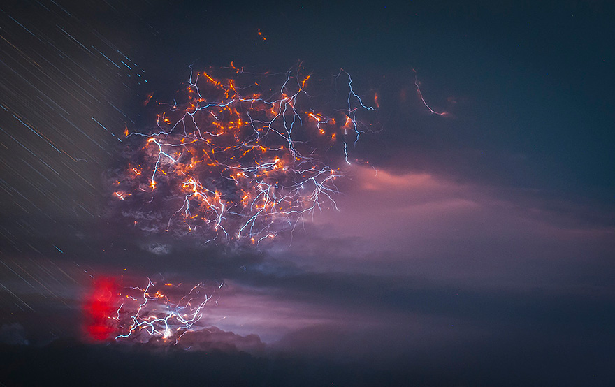 Photographer Captures Volcanic Eruption In Chile With Red-Hot Magma And Flashing Lightning
