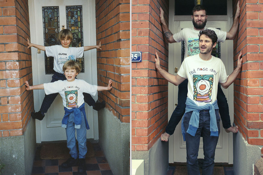 Two Brothers Hilariously Re-Create Their Childhood Photos As A Gift For Their Mother