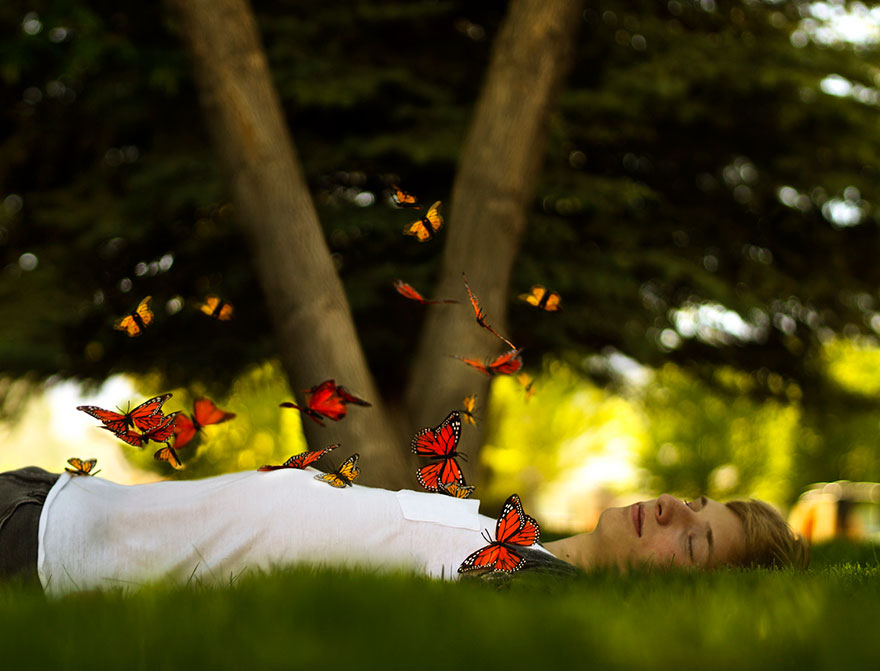 man lying on the ground and butterflies are flying near him