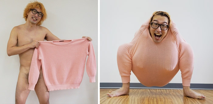 Freezing Japanese Guy Uses A Sweater To Turn Himself Into A Turkey