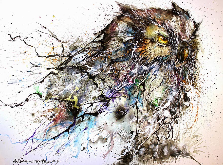 Artist Creates Stunning Owl Painting With Chaotic Splashes Of Color
