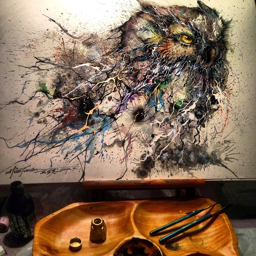 Artist Creates Stunning Owl Painting With Chaotic Splashes Of Color