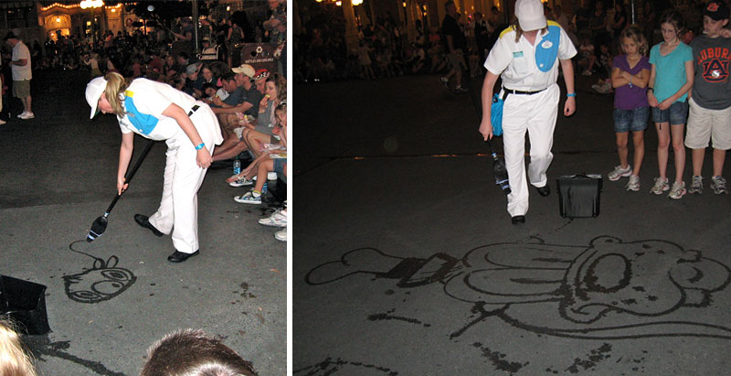 Janitor At Disney World Draws Cartoon Characters With Broom And Water To Entertain Guests